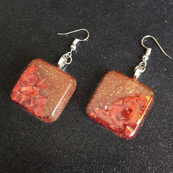 Fall Autumn colored square dangle earrings new handmade resin with silver hooks - Picture 1 of 4